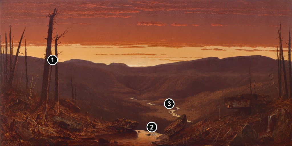 Annotated details from Twilight in the Catskills by Sanford Robinson Gifford